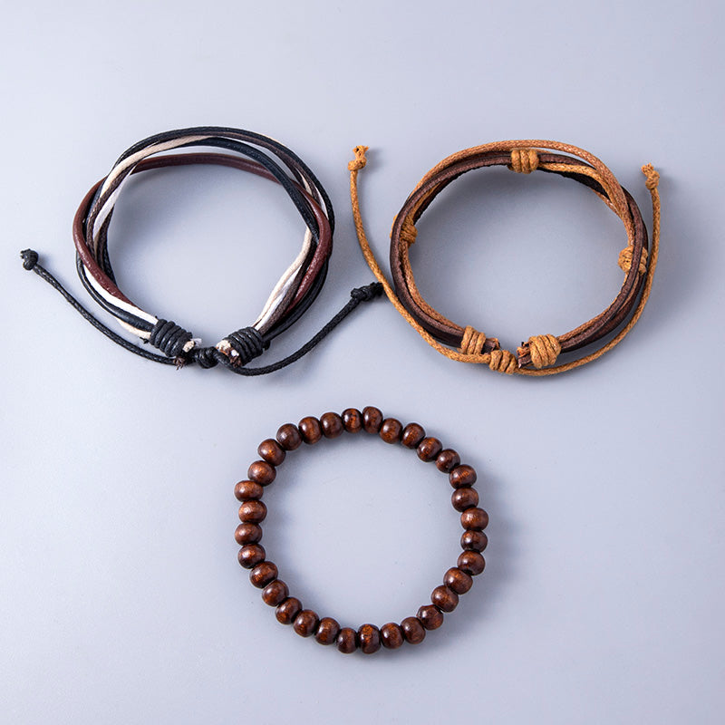 Pulseras ajustables de cuero multicapa vintage para mujeres y hombres, pulseras étnicas con cuentas de madera