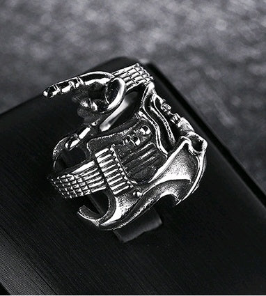 Titanstahl Herrenring Mode Rock Hip Hop Totenkopf Gitarre Siegesgeste Instrument Einzelring