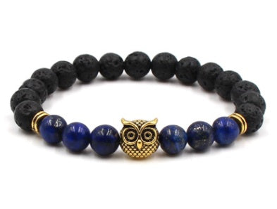 Außenhandel AliExpress meistverkaufte 8mm Naturstein schwarzer Lavavulkanstein Armband Goldlegierung Eule Armband