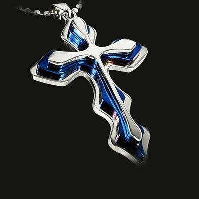 Mode Halskette Herren Kreative Dreistufige Blau-Schwarz Kreuz Anhänger 50cm Perlenkette Schmuck Geschenke für Männer
