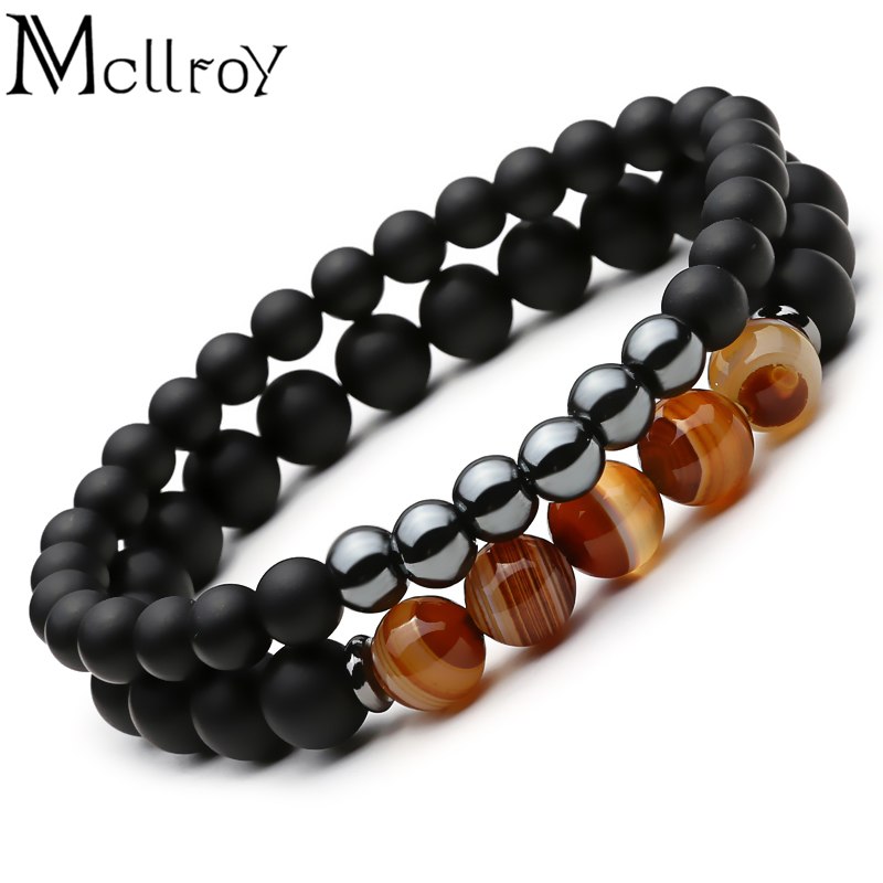 Mcllroy 2 pulseras de piedra natural con cuentas negras de Mantra, brazalete budista para mujer y hombre, joyería vikinga
