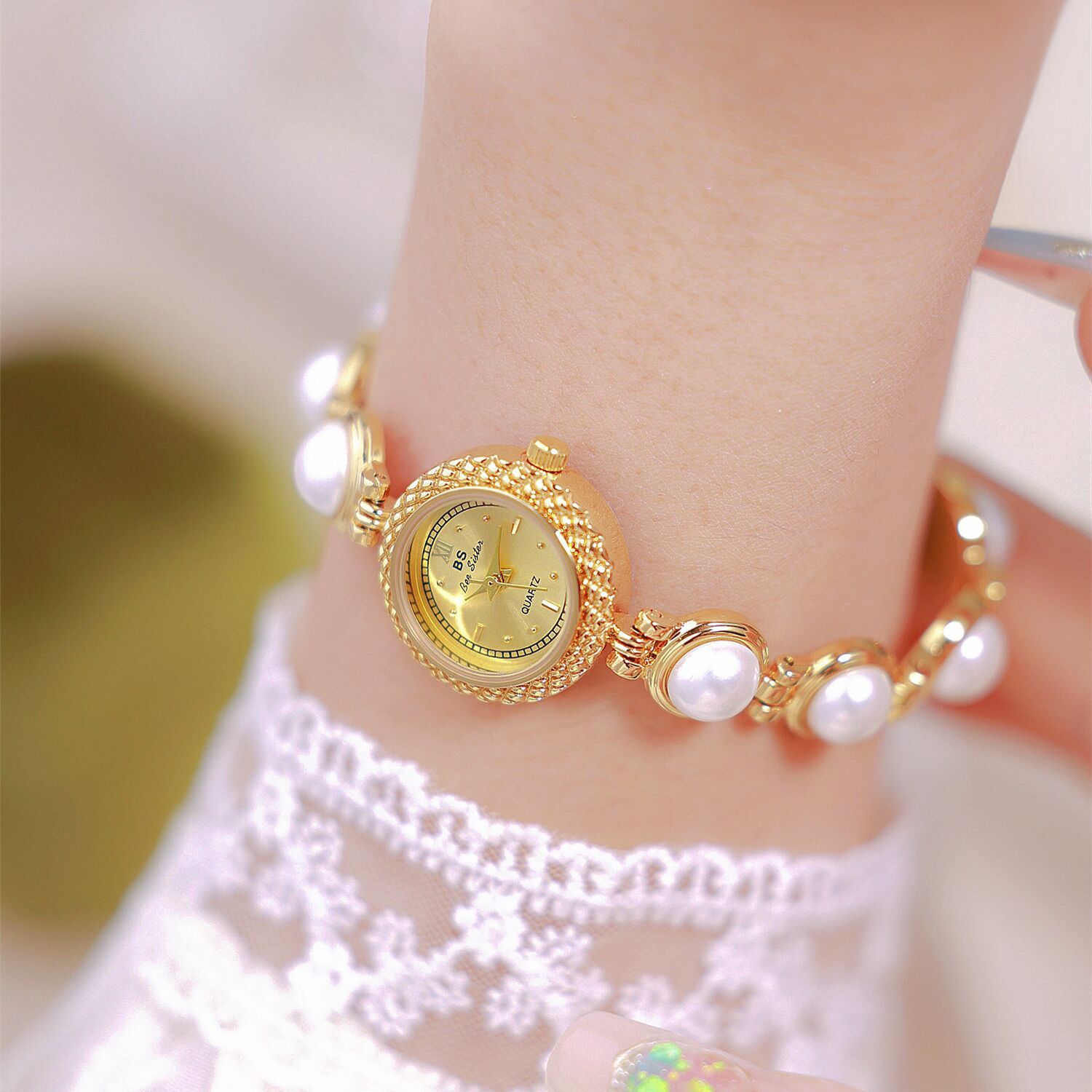 Reloj de pulsera de perlas BS New Light Luxury para mujer