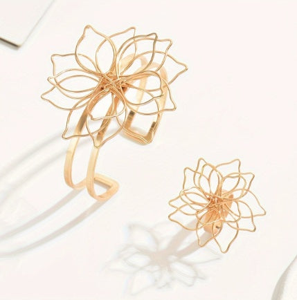 Lxalry Fashion Damen Schmuckset, Eleganter Geometrischer Gitterblumenring, Doppellagiges Glattes Offenes Verstellbares Armband Mit Eingelegtem Gitterlinien-Blumenarmband, Geeignet Für Alltag, Hochzeitsfeier