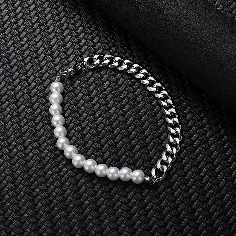 Stitching Stainless Steel Cuban Chain Pearl Necklace For Men