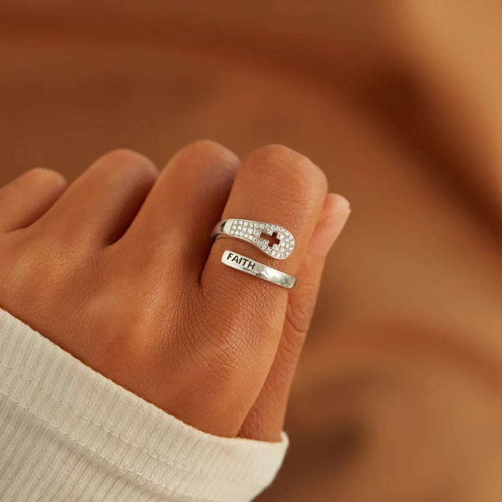 Anillo de plata de ley 925 con cruz y circonita "Fe"