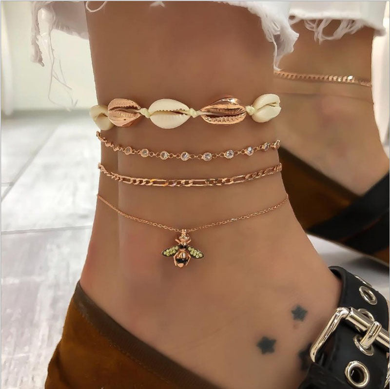 Tobillera Popular de Conchas para Mujer Tejido Cadena de Diamantes Colgante de Abeja de Diamantes Completos Calzado Multicapa