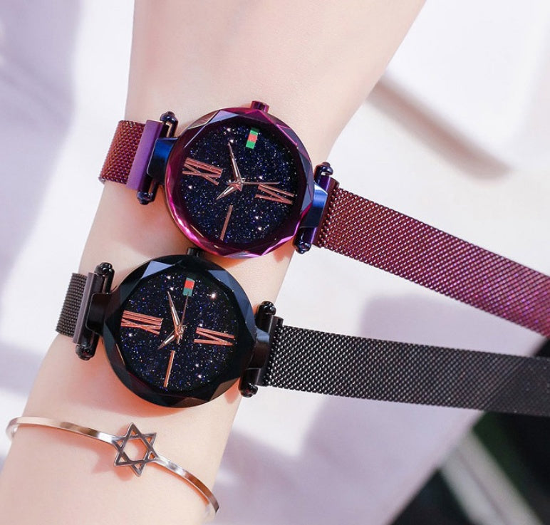 Reloj de mujer de cielo estrellado con correa de malla magnética y cuarzo de diamantes