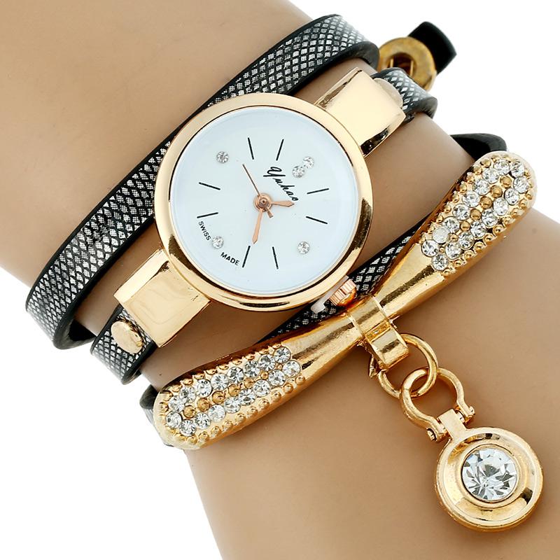 Reloj de pulsera informal de cuarzo de cuero sintético con diamantes de imitación de oro para mujer de la marca de lujo Gnova Platinum Fashion