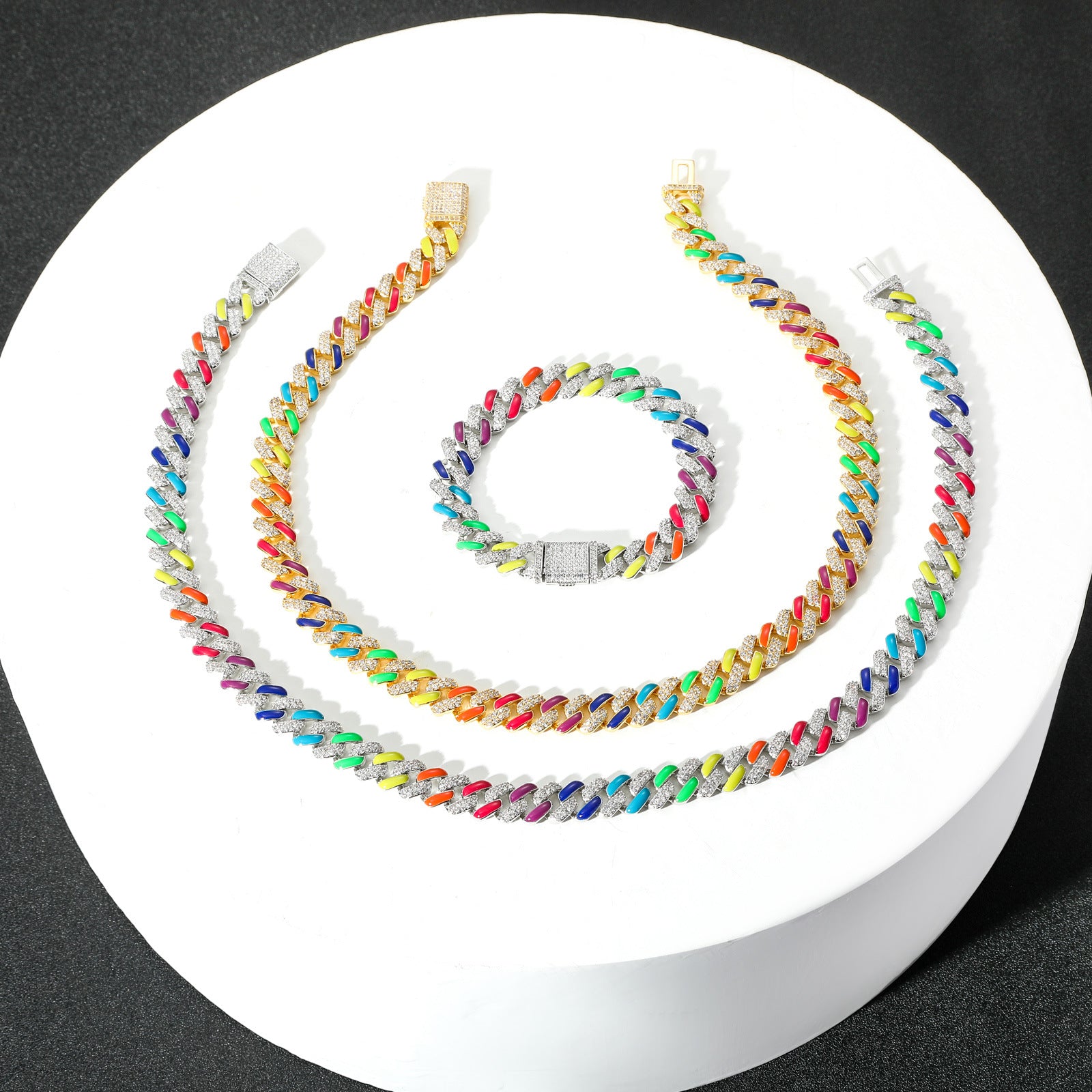 Necklace Colorful Cuban Chain Rainbow Zircon For Men And Women