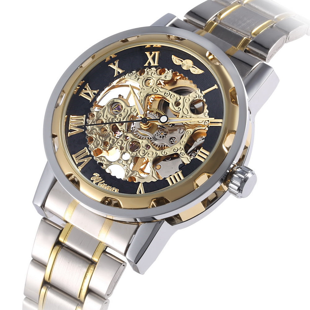 Die Gewinner-Herrenmode Business Casual Space Gravur Goldarmband Handaufzug-Mechanikuhr