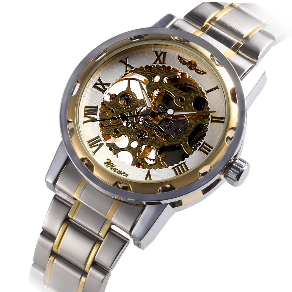 Die Gewinner-Herrenmode Business Casual Space Gravur Goldarmband Handaufzug-Mechanikuhr