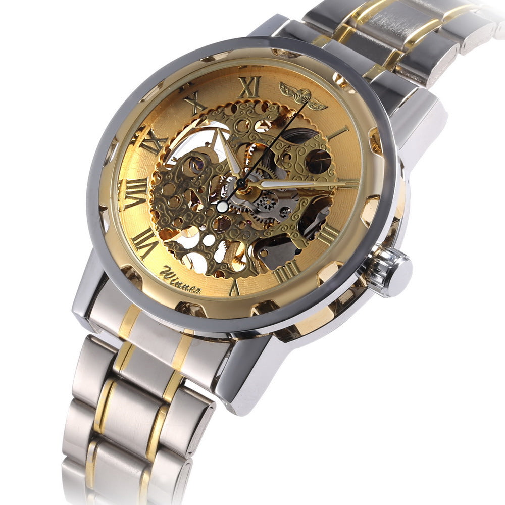 Die Gewinner-Herrenmode Business Casual Space Gravur Goldarmband Handaufzug-Mechanikuhr