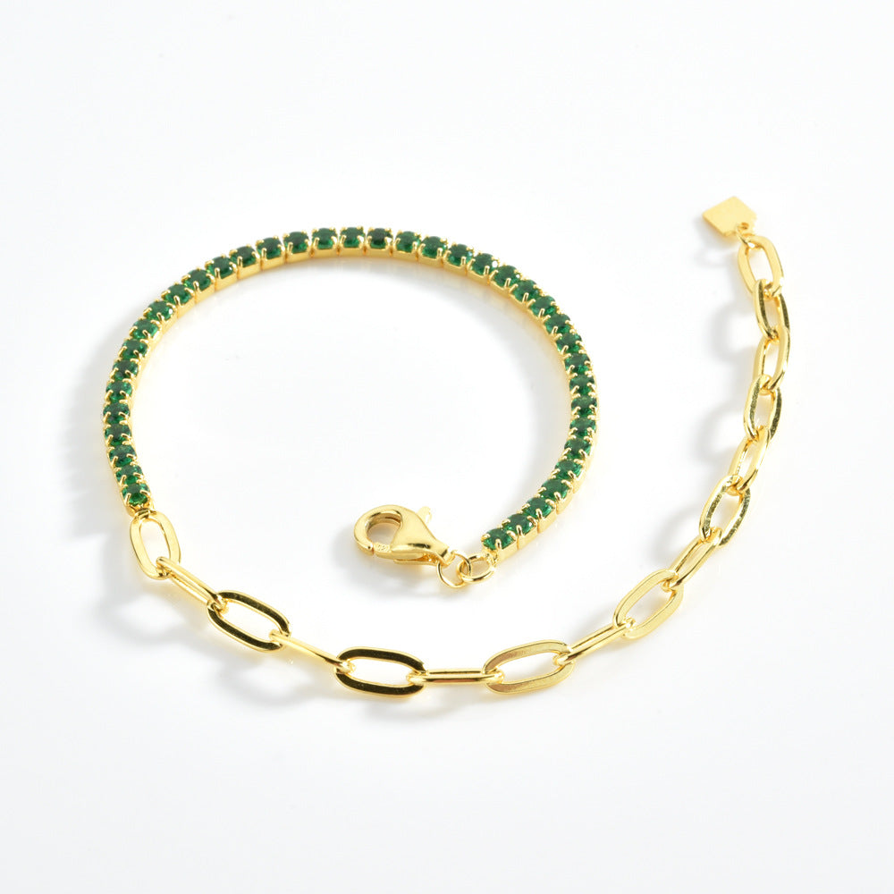 Pulsera de Plata de Ley 925 con Diamantes e Incrustaciones de Piedra Verde