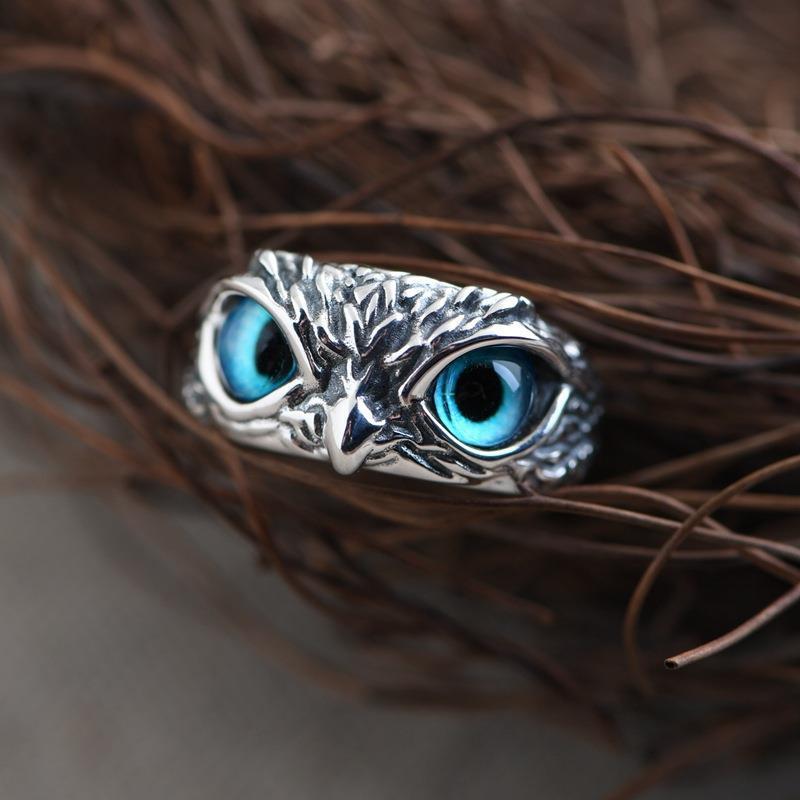 Anillo de búho con ojo de demonio vintage a la moda para mujer, anillo de animales retro, joyería de color plateado