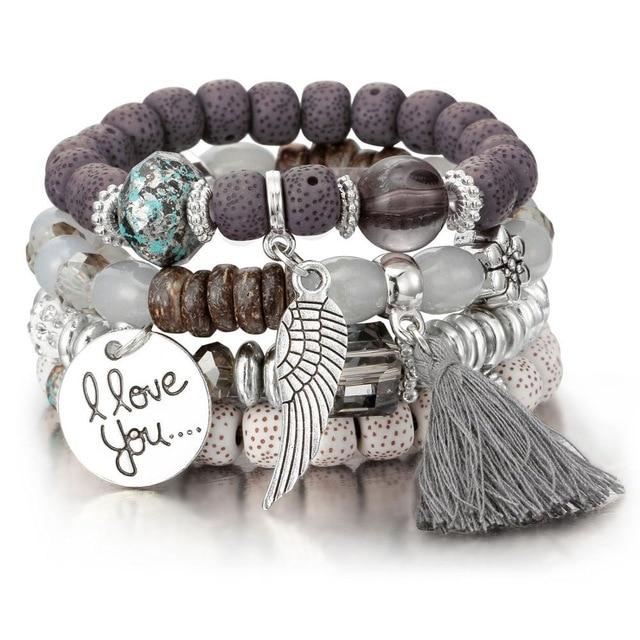 Moda multicapa de cristal de lava cuentas con alas y borlas pulseras y brazaletes Pulseras Mujer Joyería para regalo de mujer