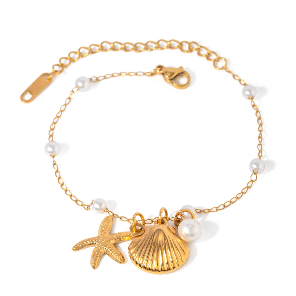 Modeschmuck 18K Gold Edelstahl Perlenkette Sommerurlaub Muschel Seestern Anhänger Armband