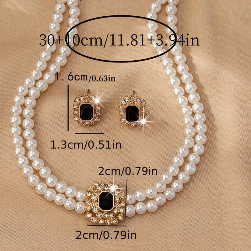 Stilvolles elegantes Doppelreihen-Perlen-Quadrat-Diamant-Halsketten-Ohrringe-Set