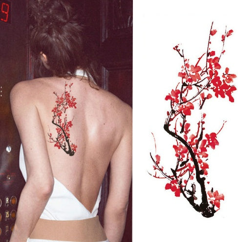 Pegatina de tatuaje de flores, boceto a color, pegatina de tatuaje de flores, peonías, rosas, ciruelos, pegatina de tatuaje