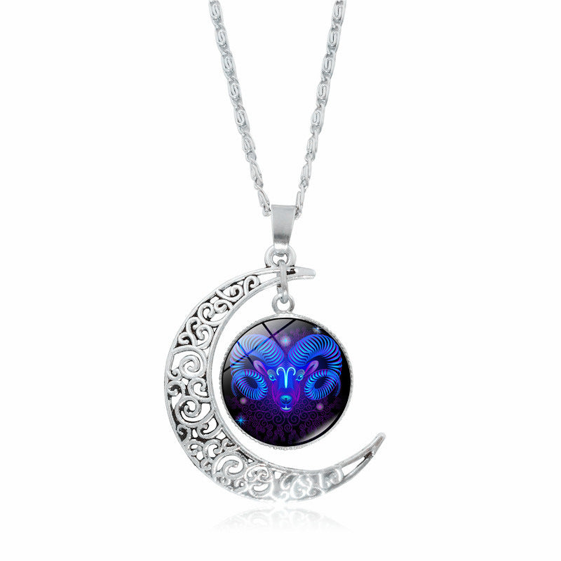 12 constellation time gemstone half moon pendant necklace twelve zodiac European and American jewelry
