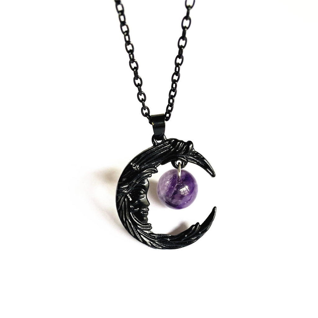 Gotisches Gesicht Schwarzer Halbmond Amethyst Anhänger Halskette Ohrringe