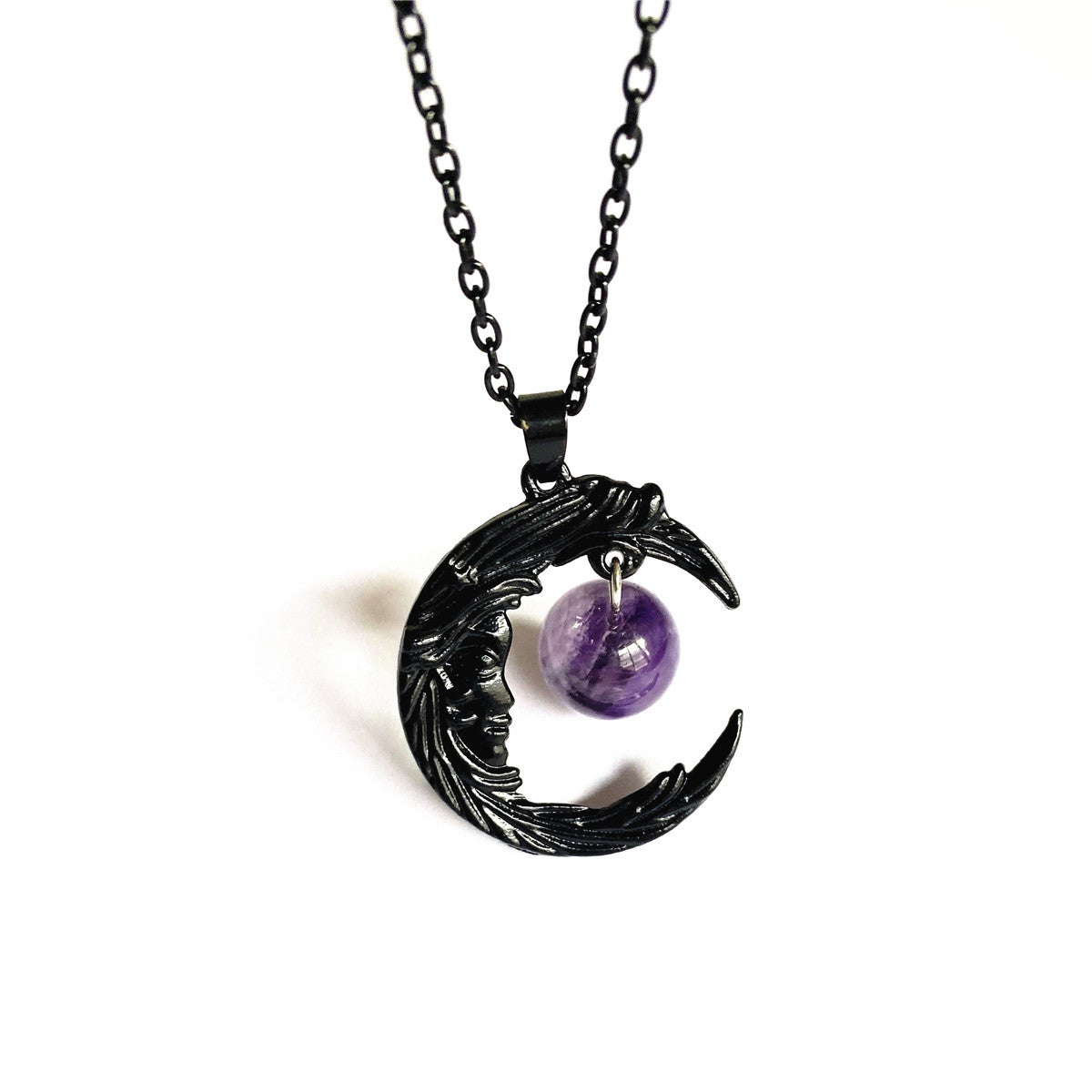 Gotisches Gesicht Schwarzer Halbmond Amethyst Anhänger Halskette Ohrringe