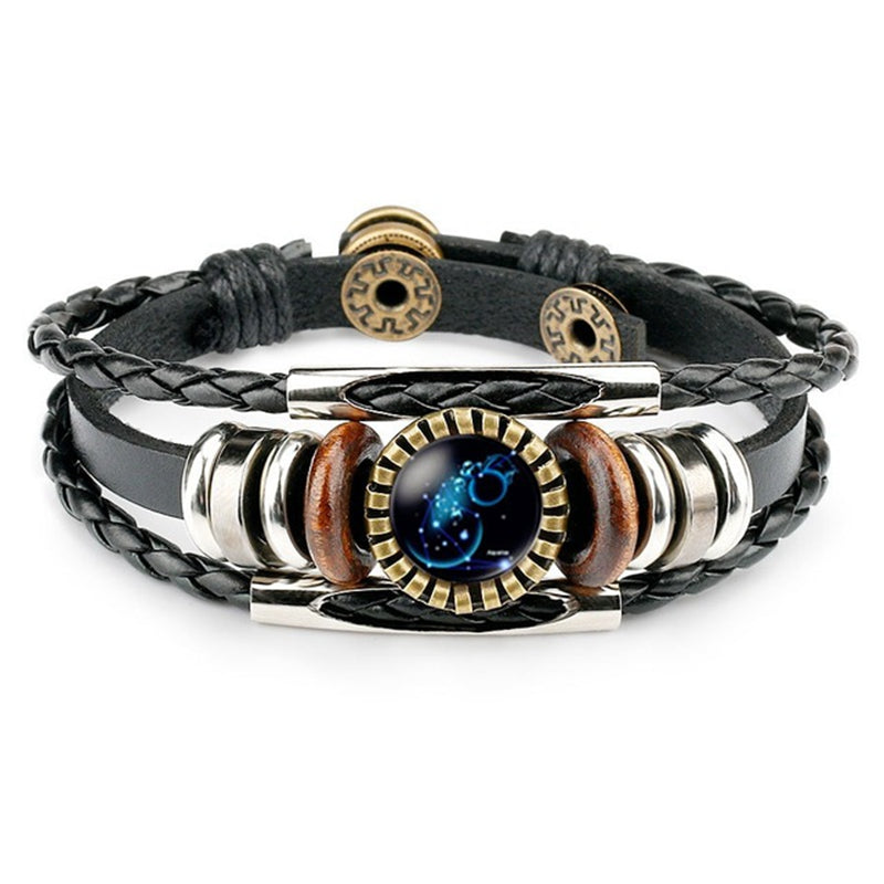 Sternzeichen-Armbänder für Damen und Herren 12 Konstellationen Perlen Geflochtene PU-Lederarmbänder