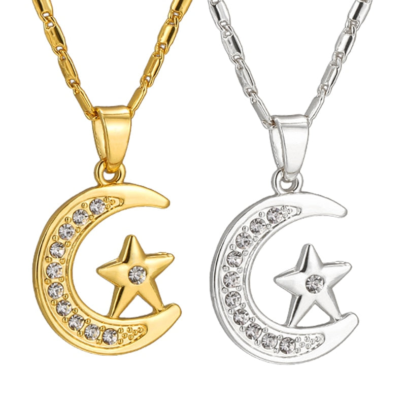 Muslim Mondsichel-Anhänger Halskette Silber Gold Farbe Zirkonia CZ Islam Mond Stern Schmuck Damen Geschenk