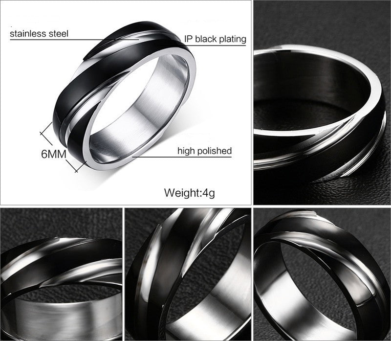 Anillo de hombre de titanio y acero negro con sarga
