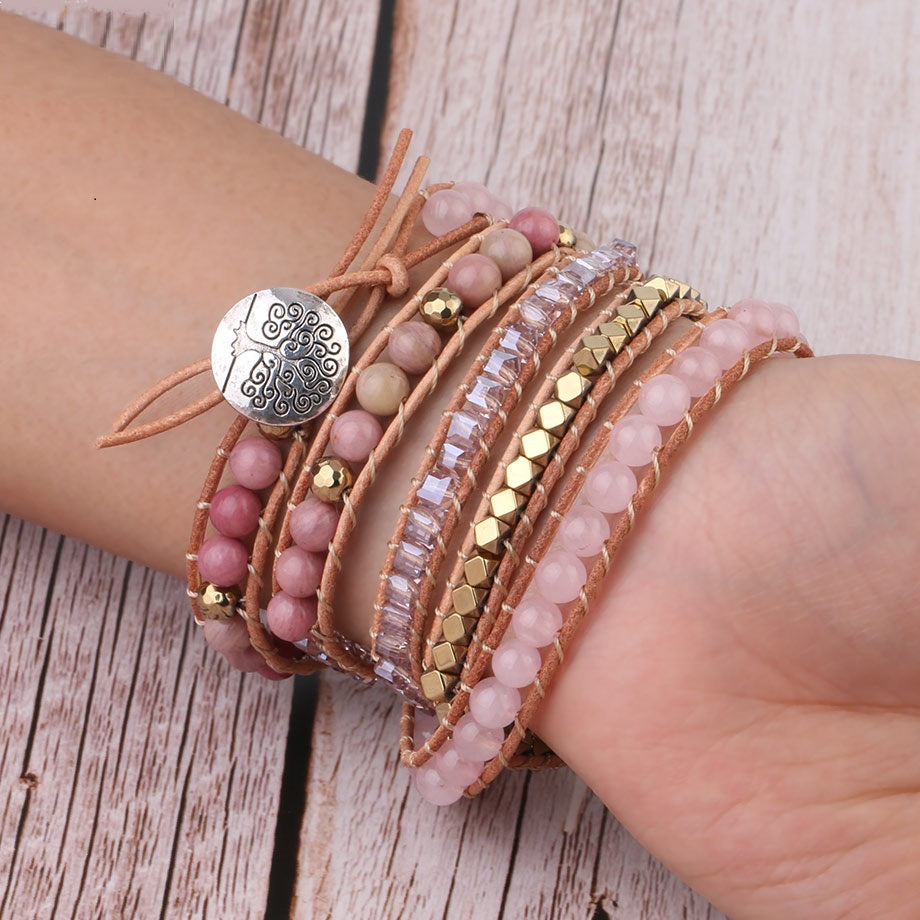 Pulsera de Piedra Natural Pulseras de Cuarzo de Cuero para Mujer con Cuentas de Piedras Preciosas Rosas Joyería 5 Hilos