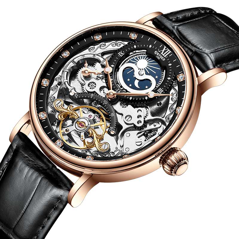 Neue KINYUED echte automatische Leder Herrenuhr Uhren hohle mechanische Uhren Reisezeit genau