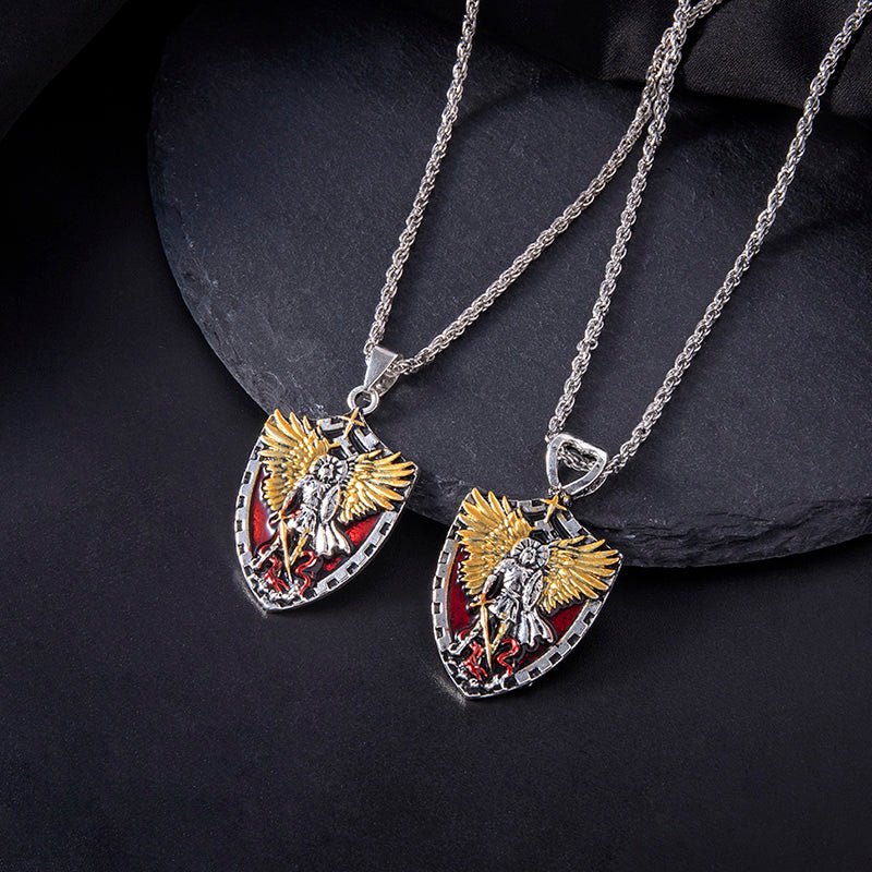 Christianischer Engel Michael Schild Anhänger Halskette Herren Vintage Kreuz Geflügelte Ritter Halsketten Religiöser Amulett Schmuck
