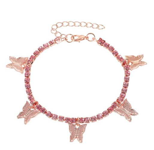 Tobillera con colgante de mariposa y diamantes de imitación