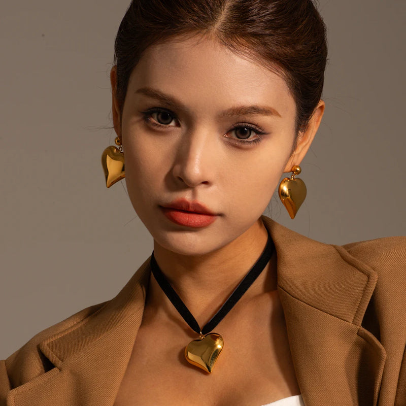 Gold Plated Stainless Steel Smooth Love Heart Necklace Series Hypo-Allergenic Tarnish Water Resistant Chunky Women Jewelry