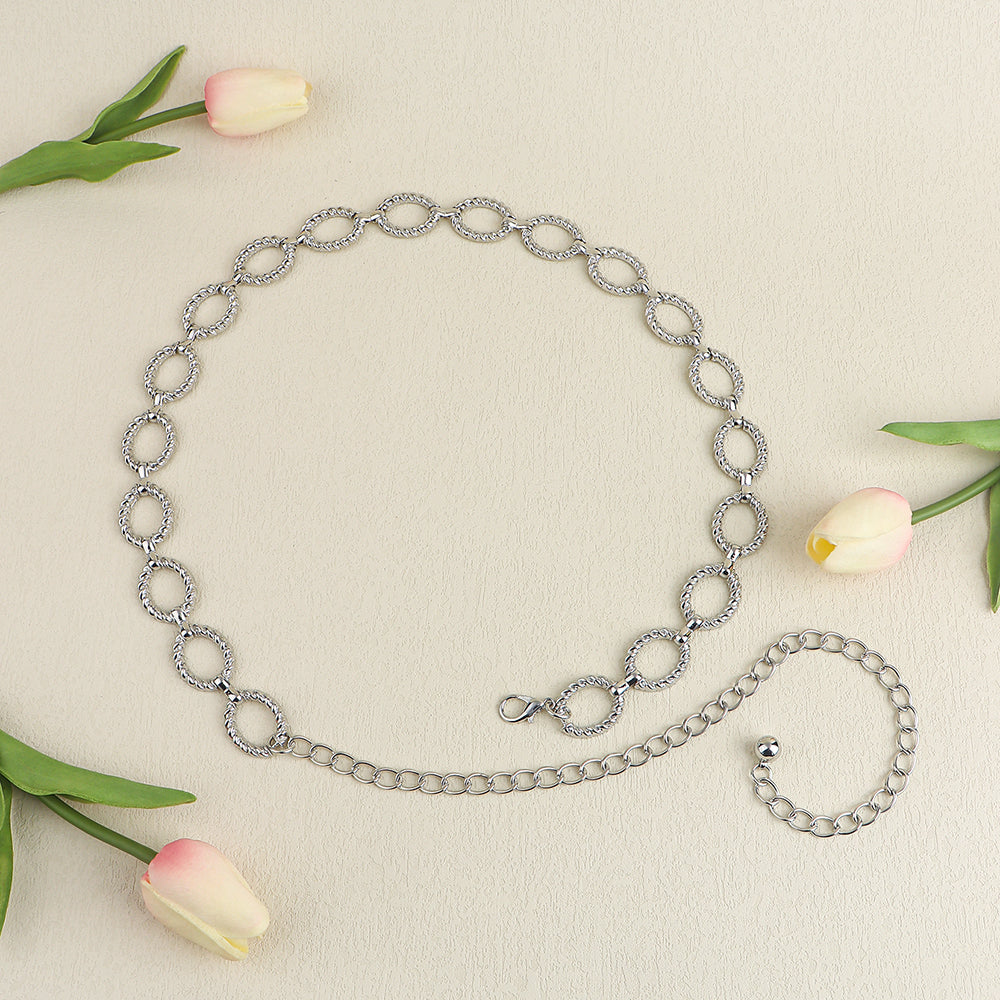 Cadena de cintura para mujer, sentido superior, círculo ondulado, cadena de metal con jeans, todos los accesorios de moda