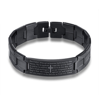 Pulsera de acero inoxidable negra con cruz bíblica para hombre