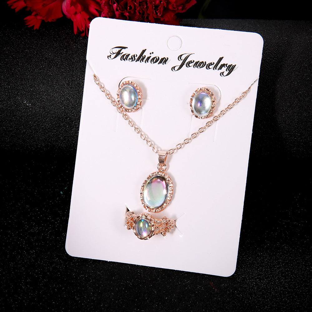 Funkelnder Edelstein-Trend-Schmuckset Mode Europa und neues Halsketten-Ohrringe-Ring-Set