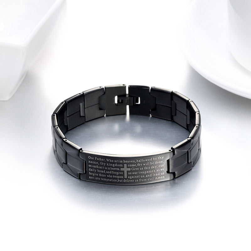 Pulsera de acero inoxidable negra con cruz bíblica para hombre