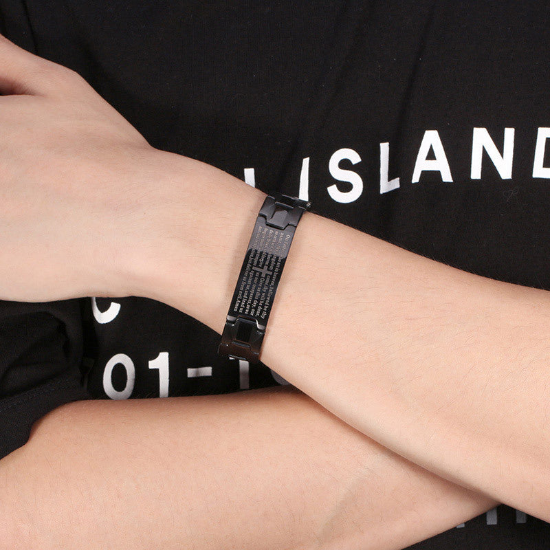 Pulsera de acero inoxidable negra con cruz bíblica para hombre