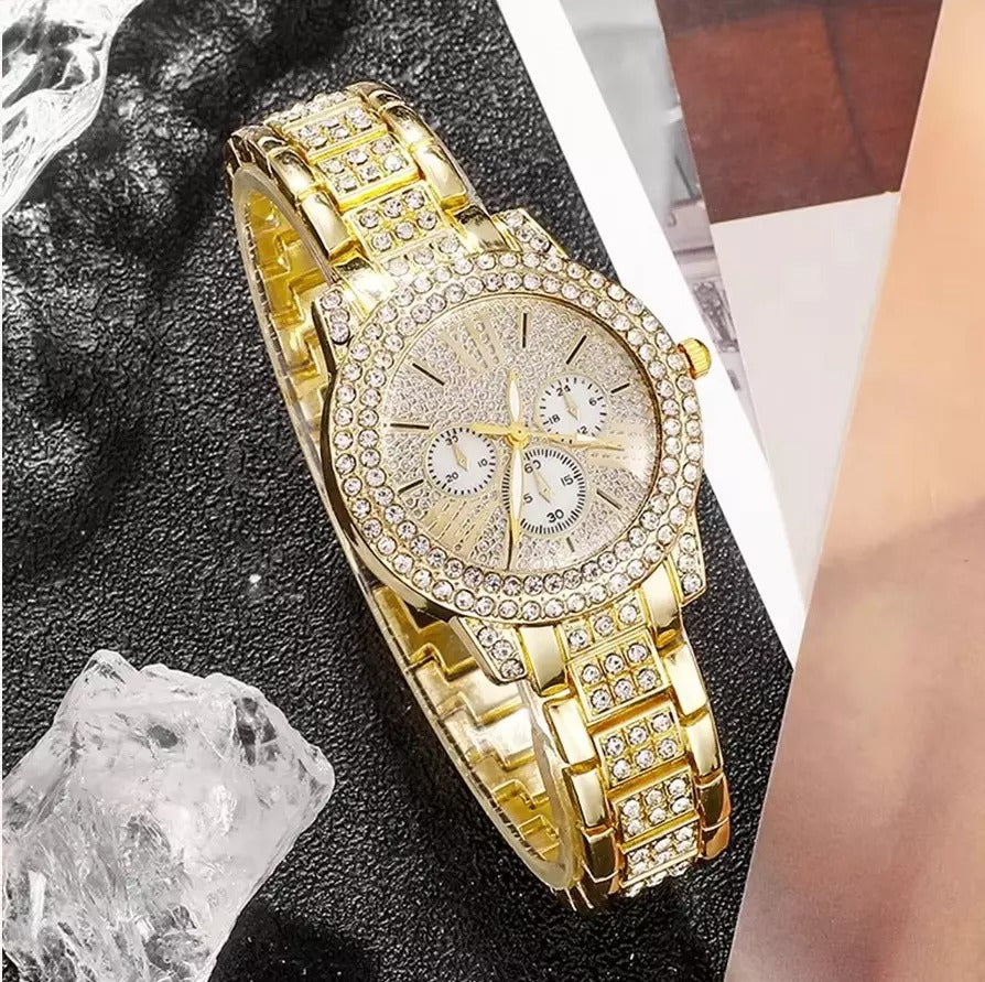 Vollbesetzte Diamant-Armbanduhr für Damen, Quarzuhr, Modeschmuck