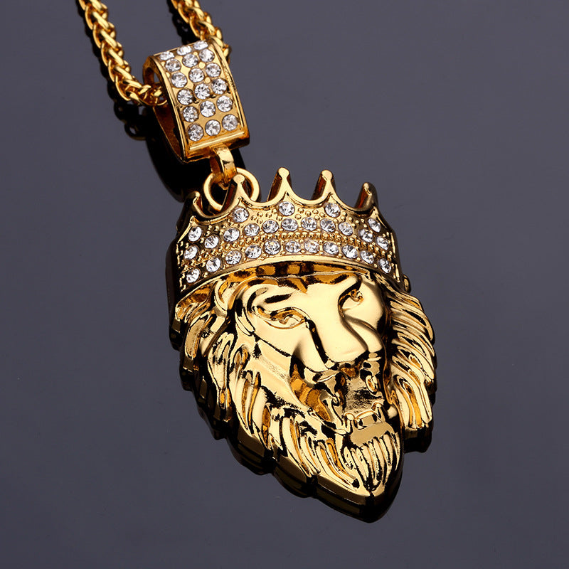 Hip Hop Tier Löwenkönig Krone Anhänger Halskette Mann Steampunk Goldfarben Legierung 75cm Kette Einlage Strass Modeschmuck WE02
