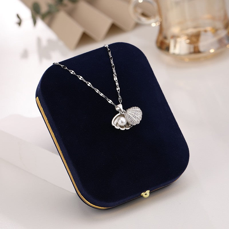 Shell Pearl Pendant Titanium Steel Ornament Necklace Light Luxury Advanced Micro Inlay Rhinestones