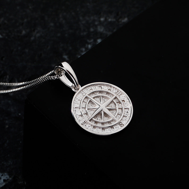 925 Silver Compass Compass Hip Hop Pendant Necklace
