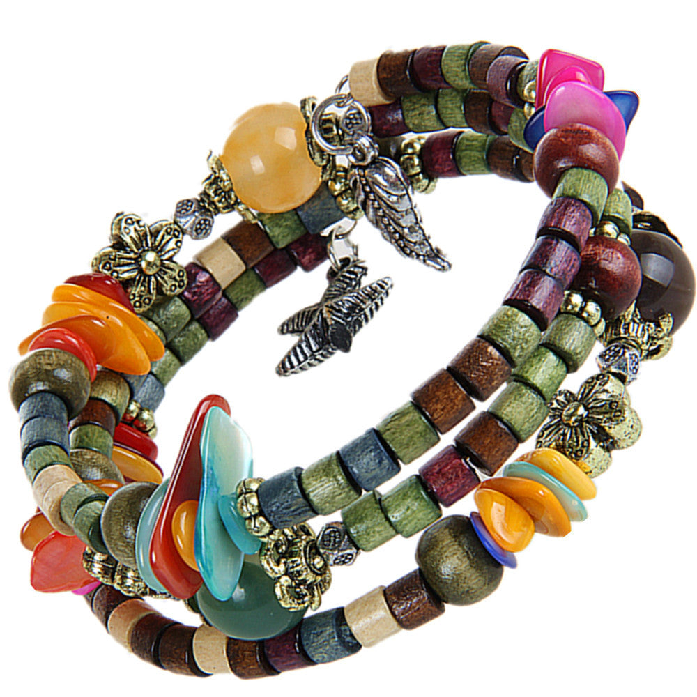 Nationaler Vintage-Holzarmreif aus buddhistischen Perlen, Muschel, Seestern-Anhänger, Holzarmband, Damenstil, Holzperlenarmband
