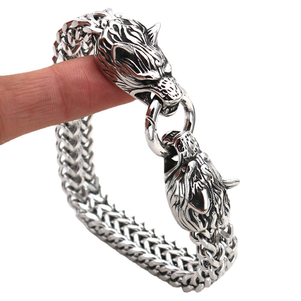 Edelstahl Wolfskopf-Armband Titanstahl-Doppelring-Armband für Herren