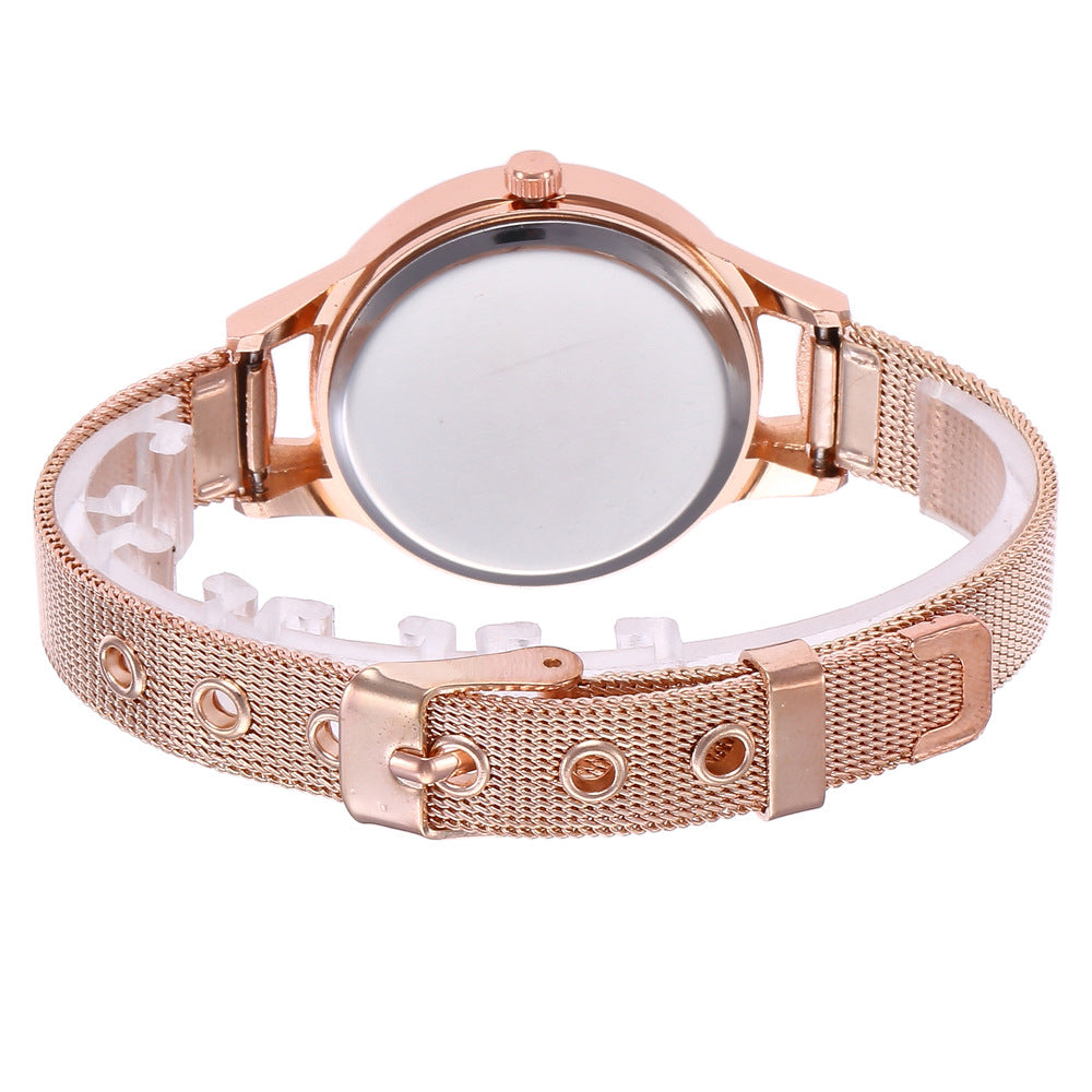 Reloj de malla de acero inoxidable en oro rosa con esfera redonda, hebilla de pasador y cristal, modelo Harmony Sale, para mujer