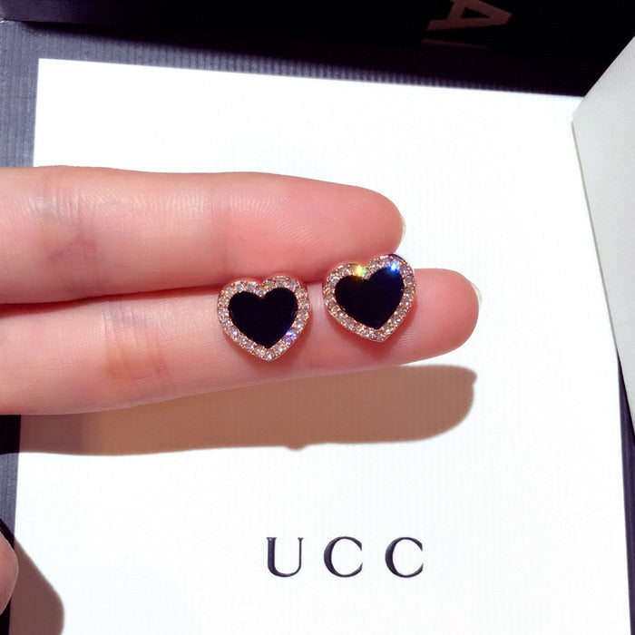 Pendientes de esmalte con forma de corazón, color rosa, joyas negras, regalo de boda