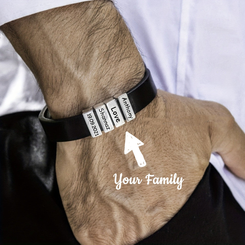 Pulsera con nombres familiares personalizada para hombres, brazalete de cuero con cuentas de acero inoxidable grabado, regalos para el Día del Padre