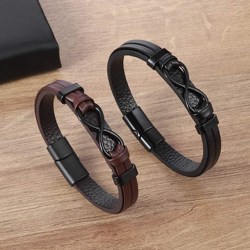 Pulsera de cuero y acero inoxidable, diseño popular para hombre