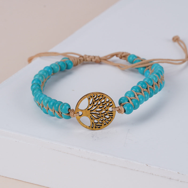 Modisches geflochtenes doppellagiges türkises Armband im böhmischen Ethno-Stil mit Lebensbaum, verstellbares Yoga-Armband für Damen