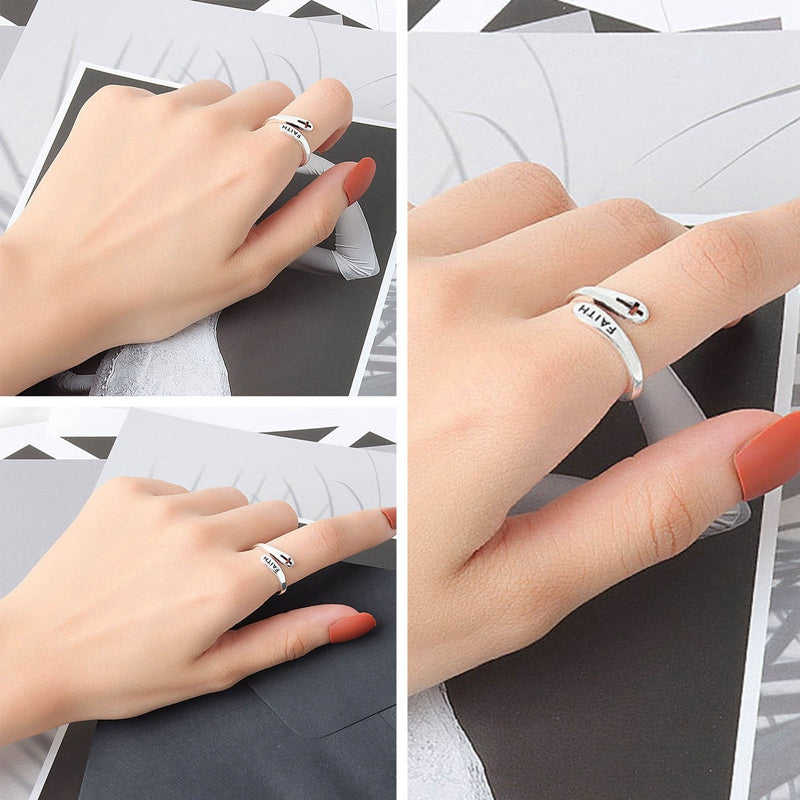 Anillo Ajustable Vintage Fe Letras Cruz Apertura Anillos Ajustables Para Mujeres Hombres Joyería Cristiana Regalo